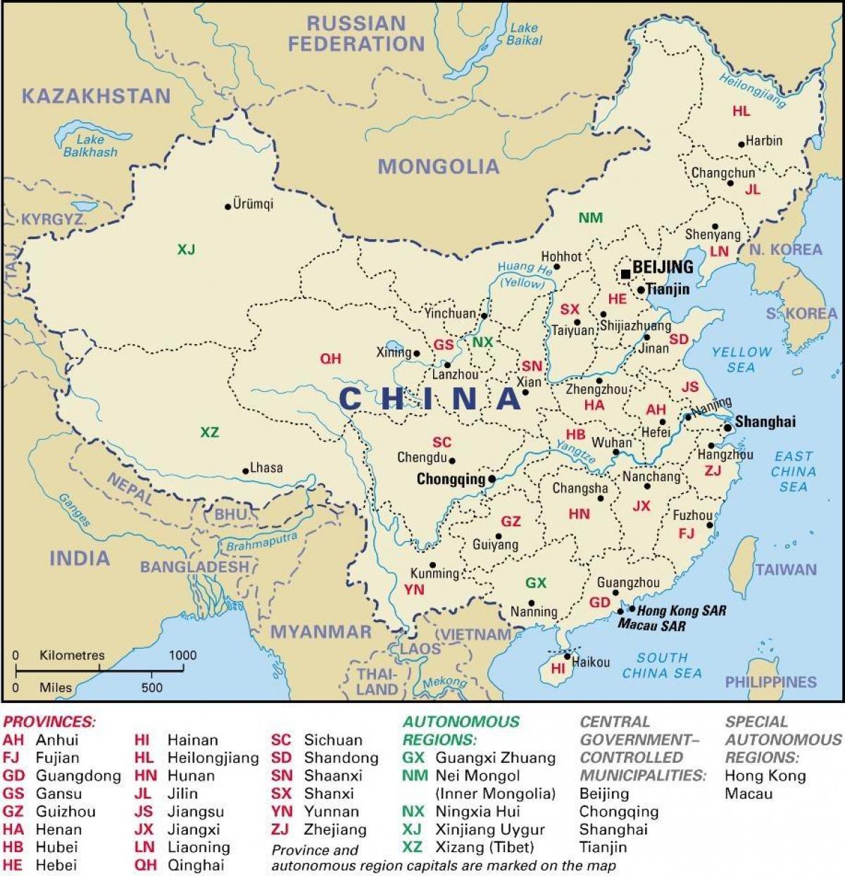 ramani ya China mikoa na miji mikuu ya