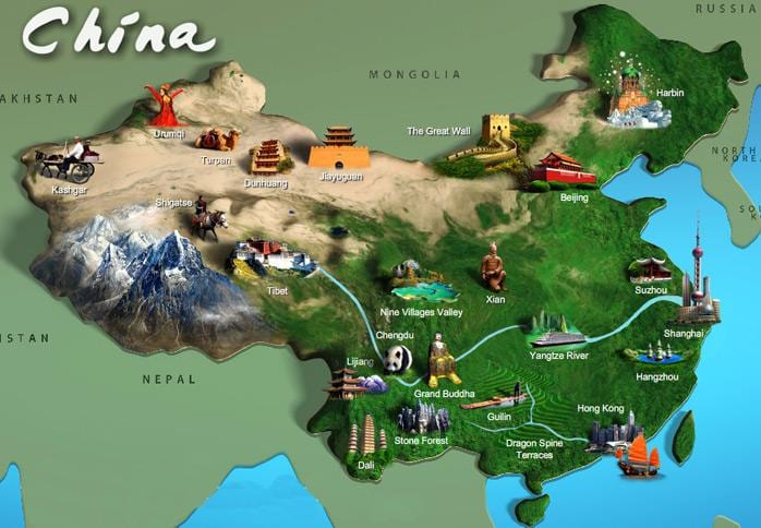 ramani ya China vivutio vya utalii